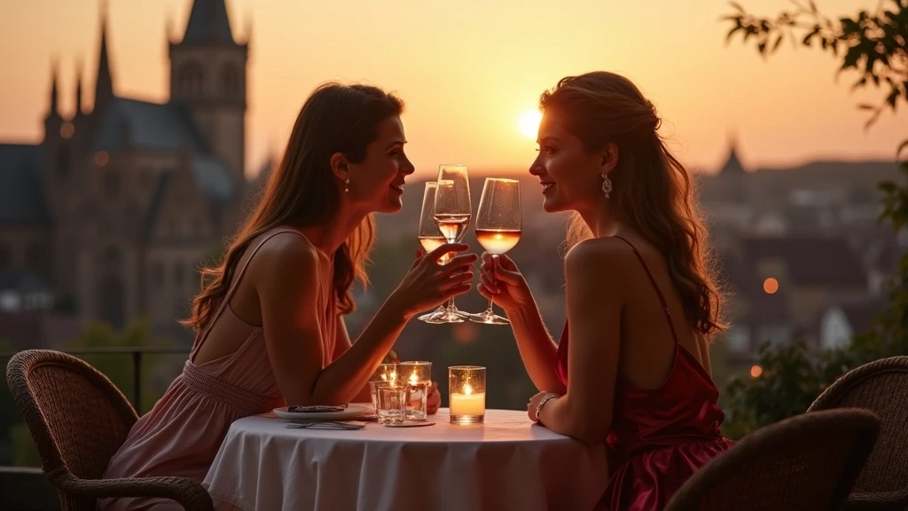 Elegante Frau geniesst Elsass-Wein auf Terrasse mit Blick auf Straßburger Kathedrale