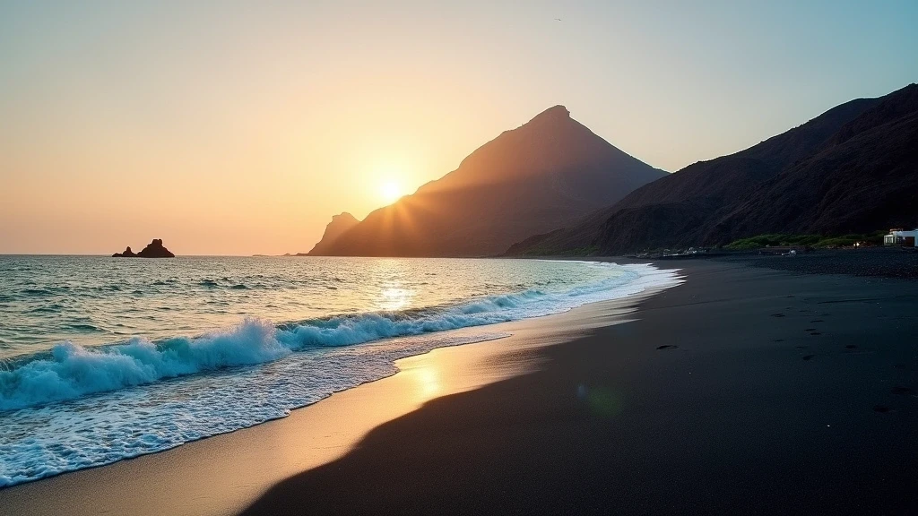 Schwarzer Vulkansandstrand Ficogrande auf Stromboli bei goldener Stunde mit türkisfarbenem Wasser
