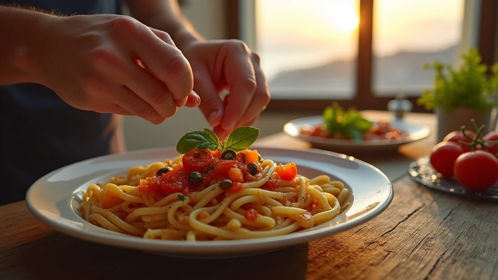 Traditionelle Strombolana-Pasta-Zubereitung mit frischen Zutaten auf Stromboli, Italien