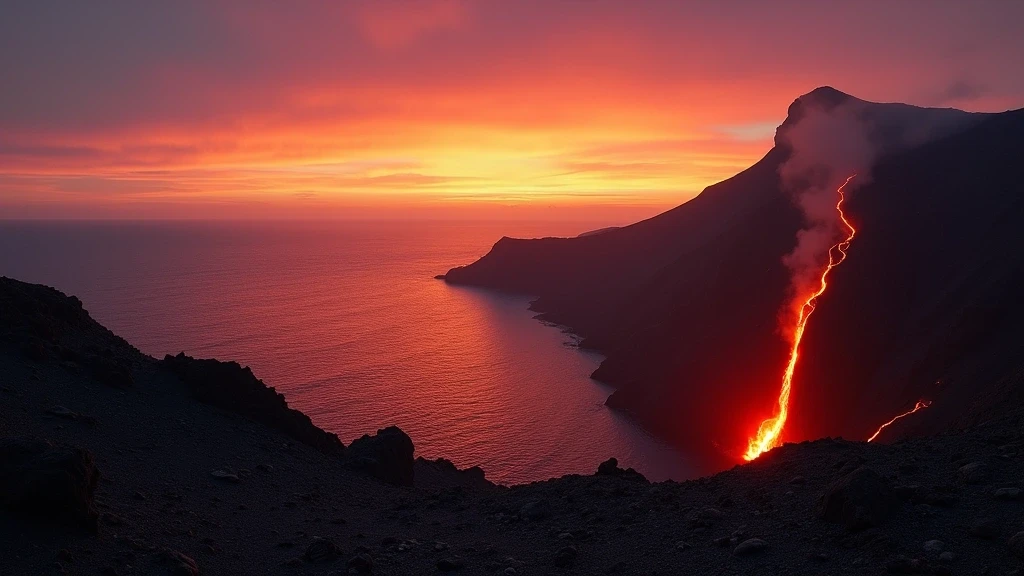 Panoramablick auf die Sciara del Fuoco bei Sonnenuntergang mit Lavaströmen auf Stromboli, Italien