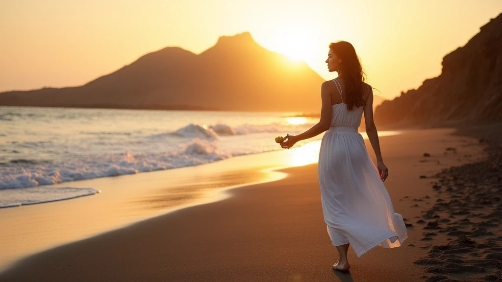 Elegante Frau am schwarzen Strand von Stromboli mit lokalen Kapern und Zitronen bei Sonnenuntergang