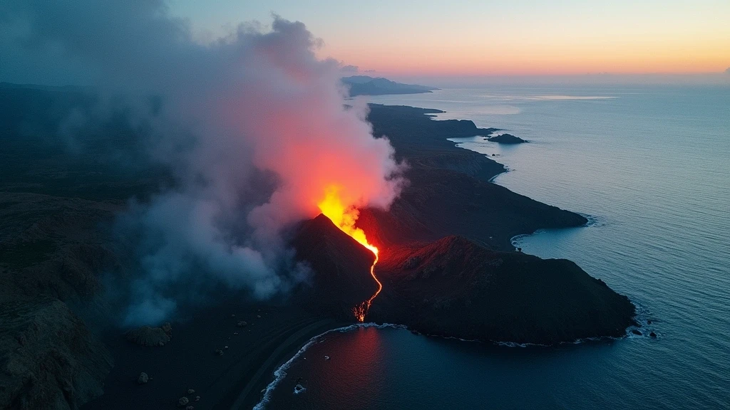 Luftaufnahme des aktiven Vulkans Stromboli bei Sonnenuntergang mit Lavaausbruch und schwarzen Stränden in Italien