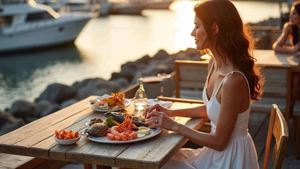 Elegante Frau geniesst Meeresfrüchte am Hafen von Stykkishólmur in Island