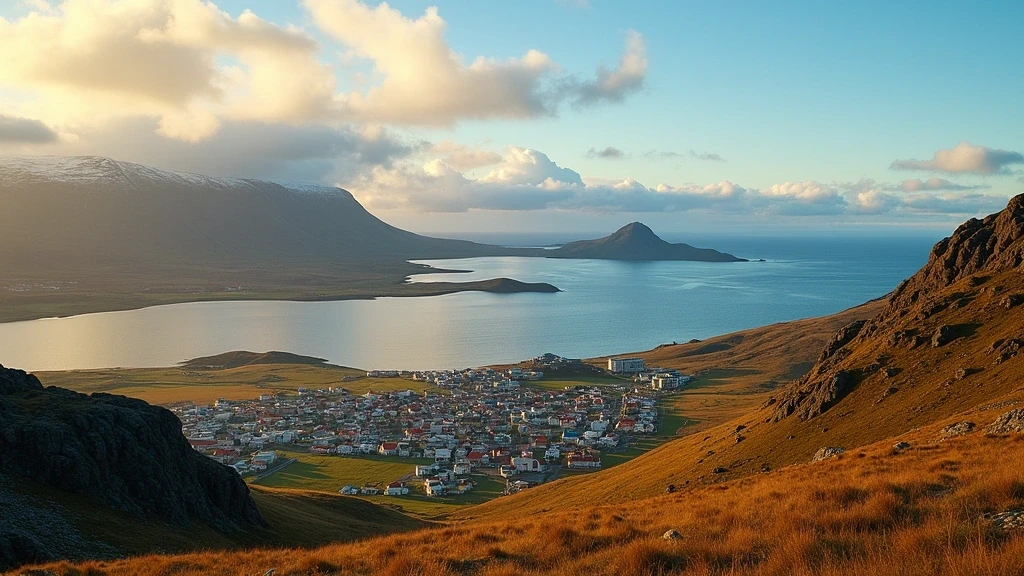 Panoramablick vom Helgafell auf Stykkishólmur und die Inseln im Fjord in Island
