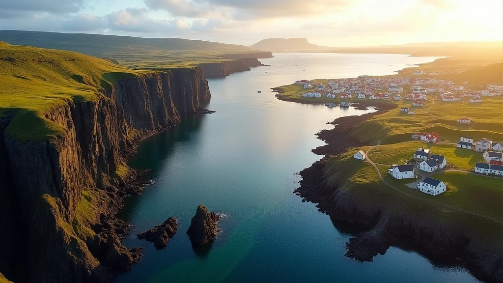 Luftaufnahme von Stykkishólmur mit Basaltsäulen und bunten Häusern zur goldenen Stunde in Island