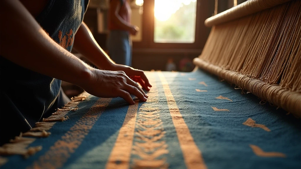 Traditionelle Ikat-Webarbeit mit indigofarbenen Mustern in Sumba, Indonesien