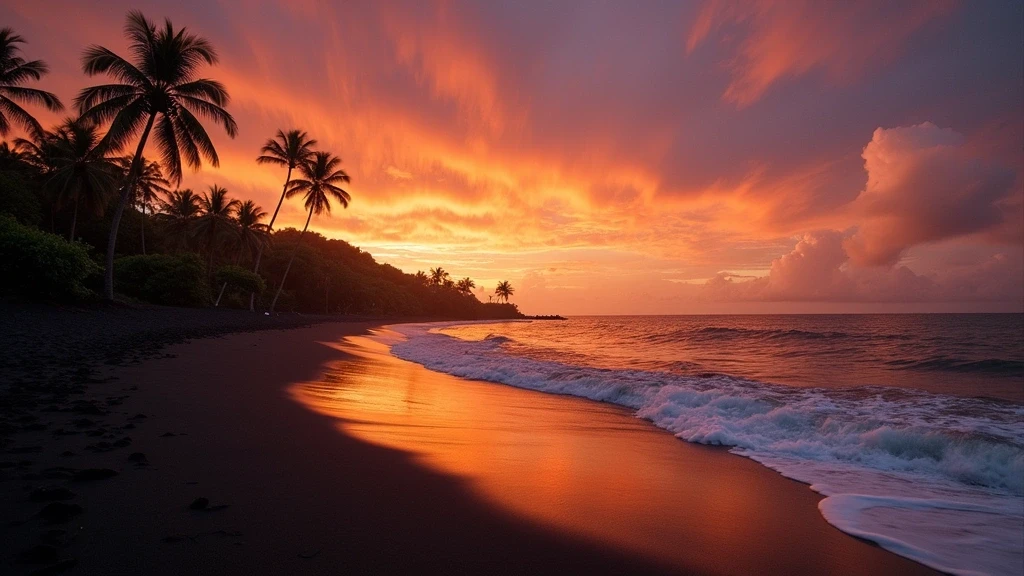 Sonnenuntergang ueber Nihiwatu Strand mit schwarzem Sand in Sumba, Indonesien