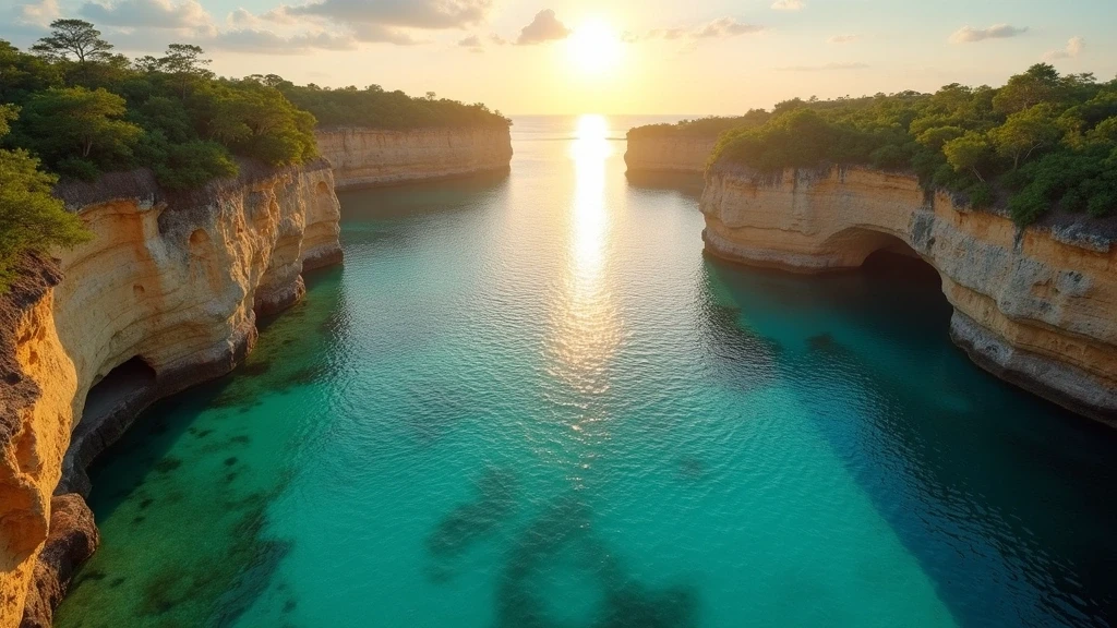 Weekuri Lagune in Sumba mit tuerkisfarbenem Wasser und goldenem Licht in Indonesien