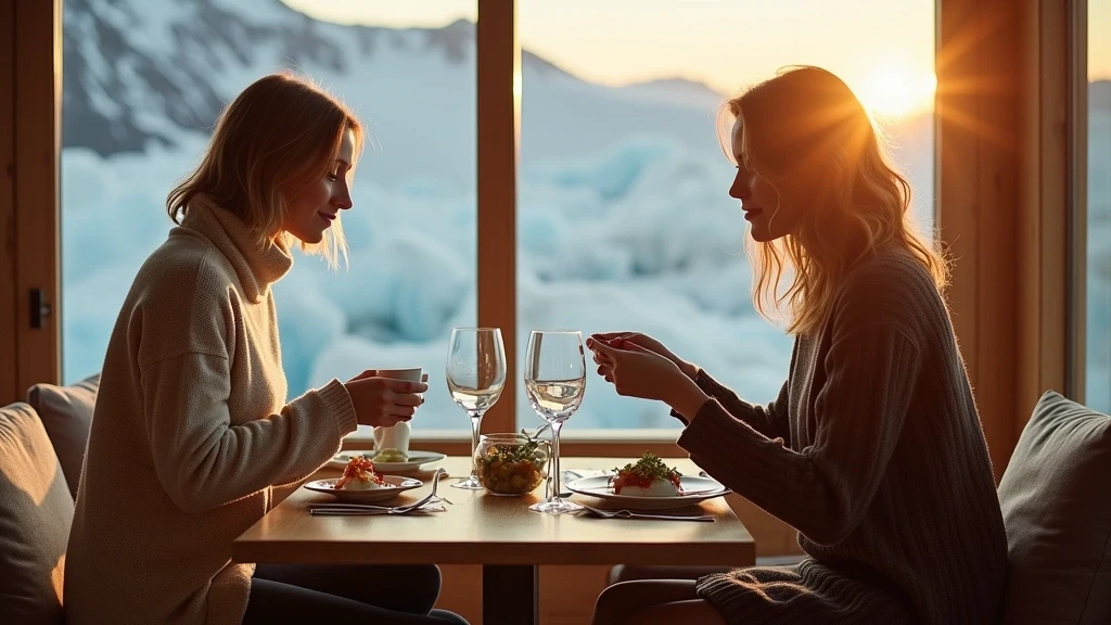 Elegantes Abendessen mit arktischer Forelle in Svalbard mit Blick auf Gletschertal
