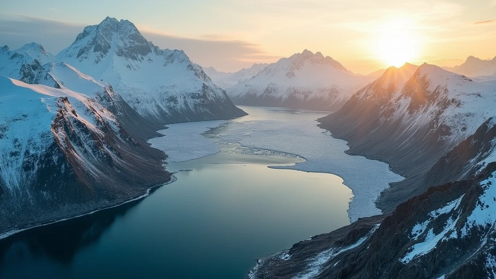 Dramatische Luftaufnahme der arktischen Gletscher und Fjorde von Svalbard zur goldenen Stunde