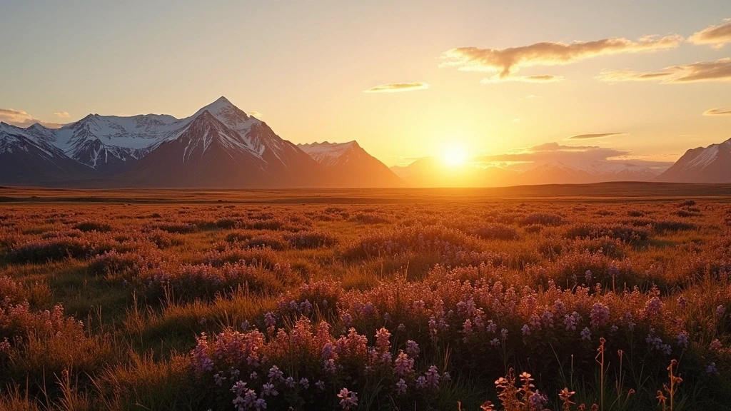 Mitternachtssonne ueber der Tundra von Svalbard mit Wildblumen und arktischen Bergen