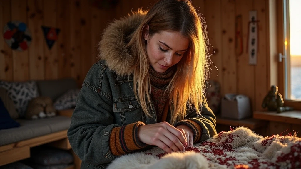 Traditionelle Sami-Handwerkskunst in einer Holzhuette in Svalbard, Norwegen
