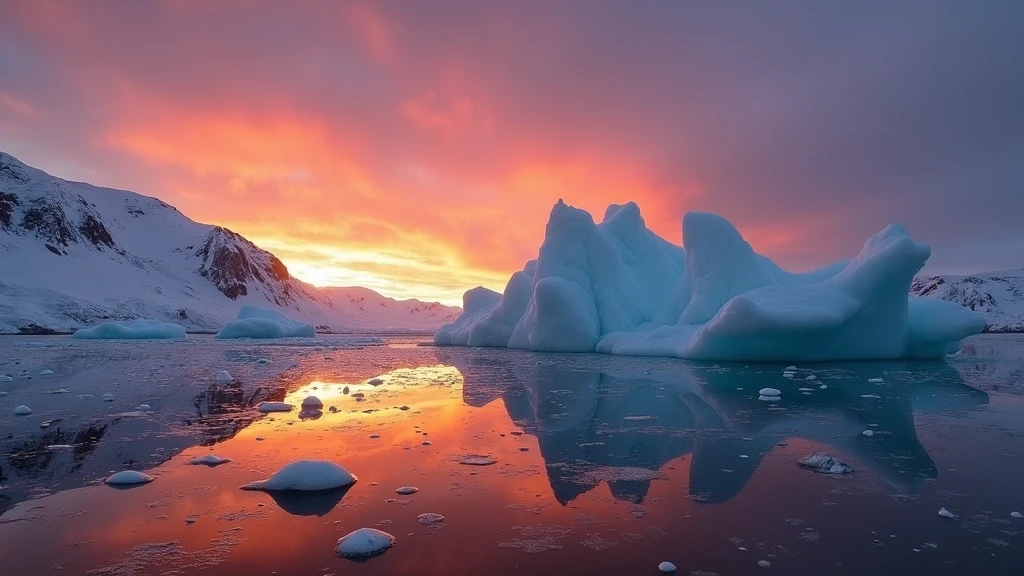 Sonnenuntergang ueber einem Gletschersee mit Eisbergen in Svalbard, Norwegen