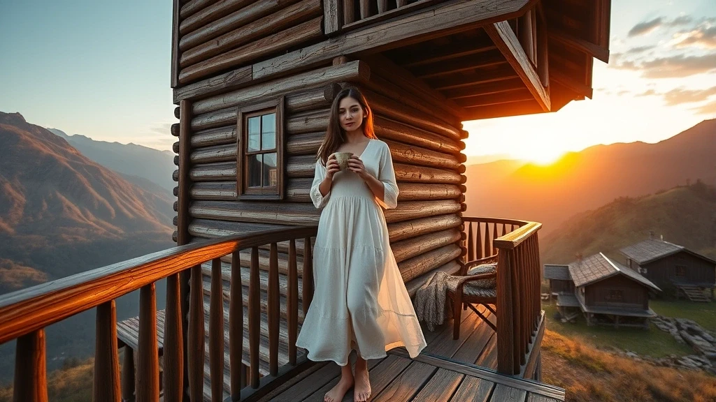 Elegante Frau auf Balkon eines Svanetischen Turmhauses in Ushguli, Georgien