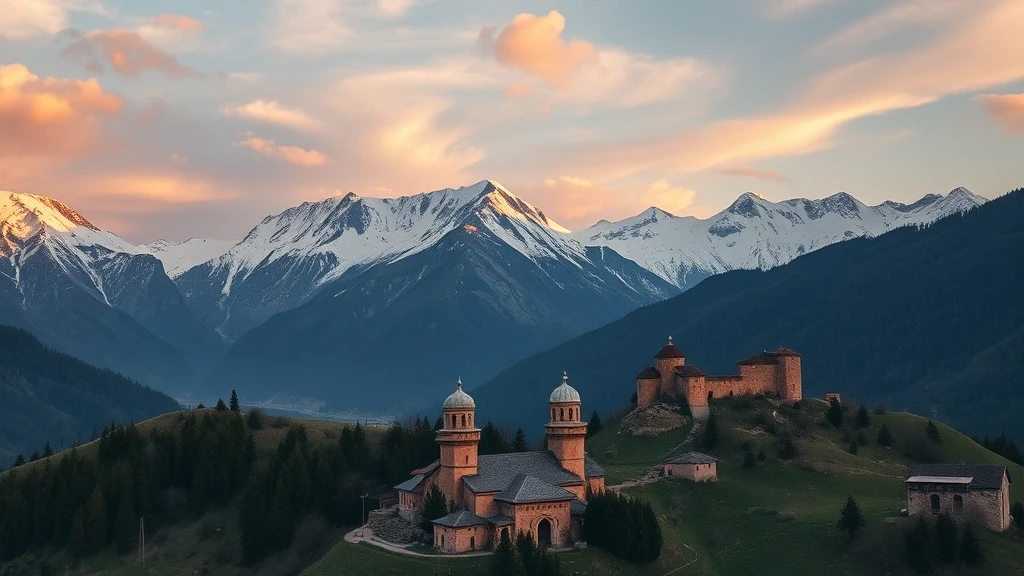 Luftaufnahme der Svanetischen Tuerme und Kaukasus-Berge in Georgien zur goldenen Stunde