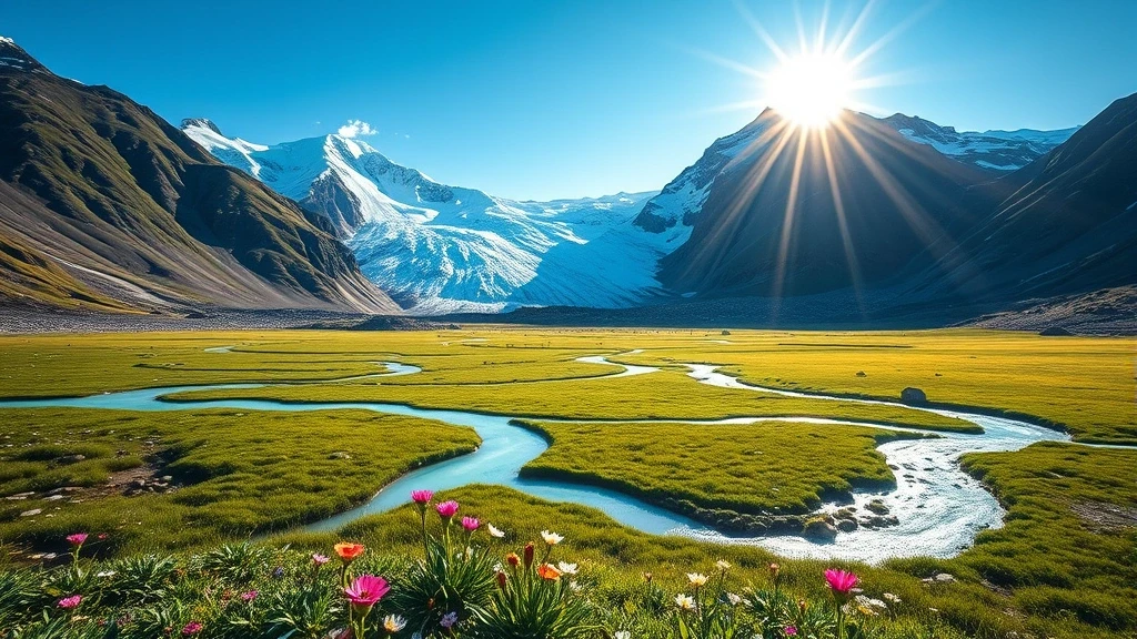 Panorama des Shkhara-Gletschers im Svaneti, Georgien mit Wildblumen