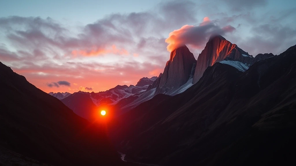 Sonnenuntergang ueber dem Ushba-Gipfel im Kaukasus, Svaneti, Georgien
