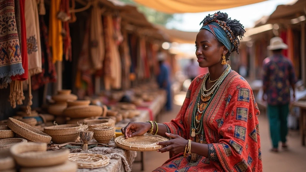 Lokale Fuehrerin in Herero-Tracht demonstriert Korbflechten auf Markt in Swakopmund