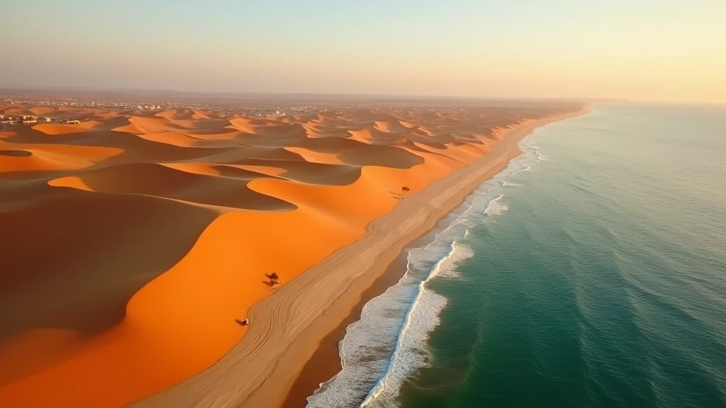 Luftaufnahme der Namib-Wueste trifft auf Atlantik in Swakopmund zur goldenen Stunde
