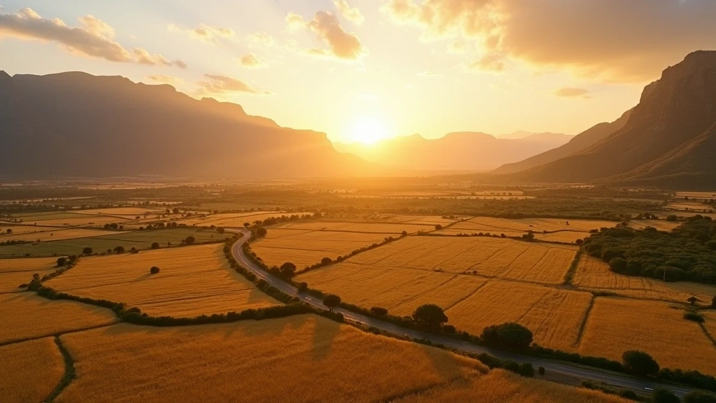 Luftaufnahme der goldenen Weizenfelder und Berge im Swartland zur goldenen Stunde