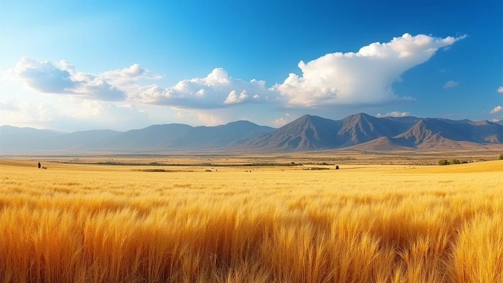 Panoramablick auf goldene Weizenfelder im Swartland, Suedafrika