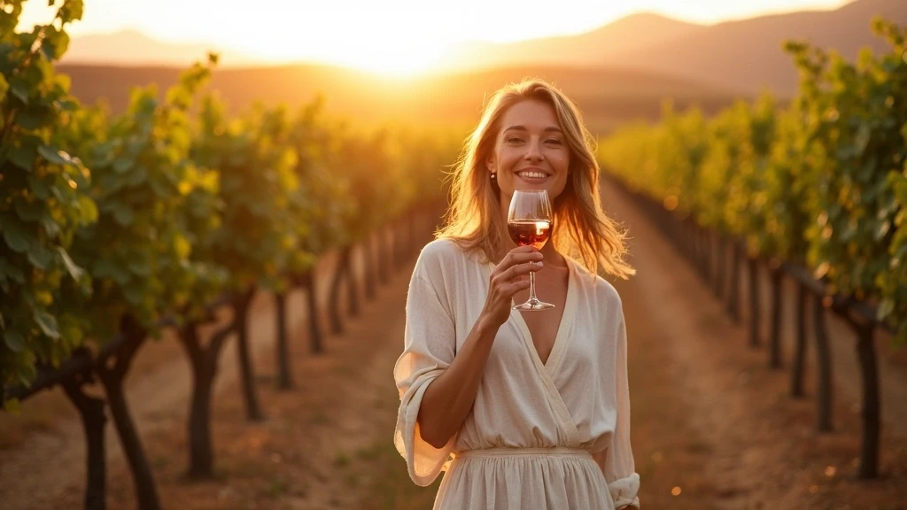 Elegante Frau bei Weinprobe im Swartland-Weinberg zur goldenen Stunde