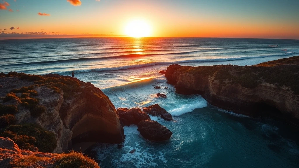 Sonnenuntergang ueber Bondi Beach mit Icebergs Pool in Sydney, Australien