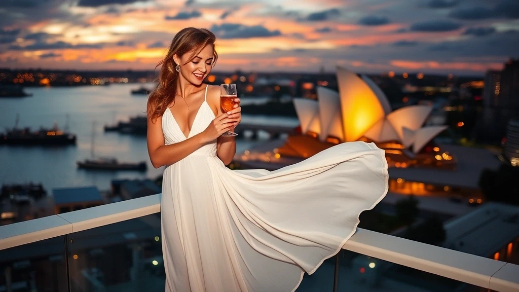 Elegante Frau geniesst Cocktails mit Blick auf Sydney Harbour zur goldenen Stunde