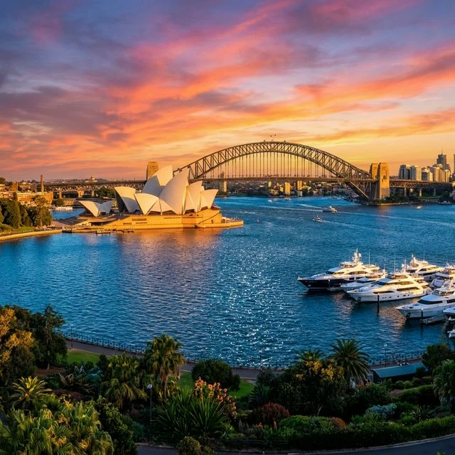 Luftaufnahme von Sydney Opera House und Harbour Bridge zur goldenen Stunde in Sydney, Australien