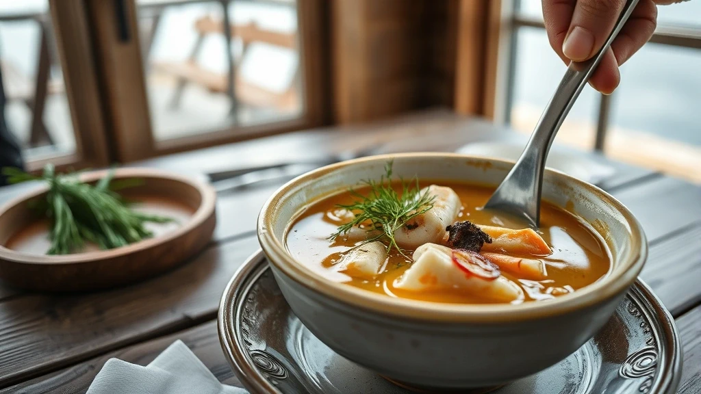 Traditionelle Sylter Fischsuppe in handgemachter Keramikschale am Meer