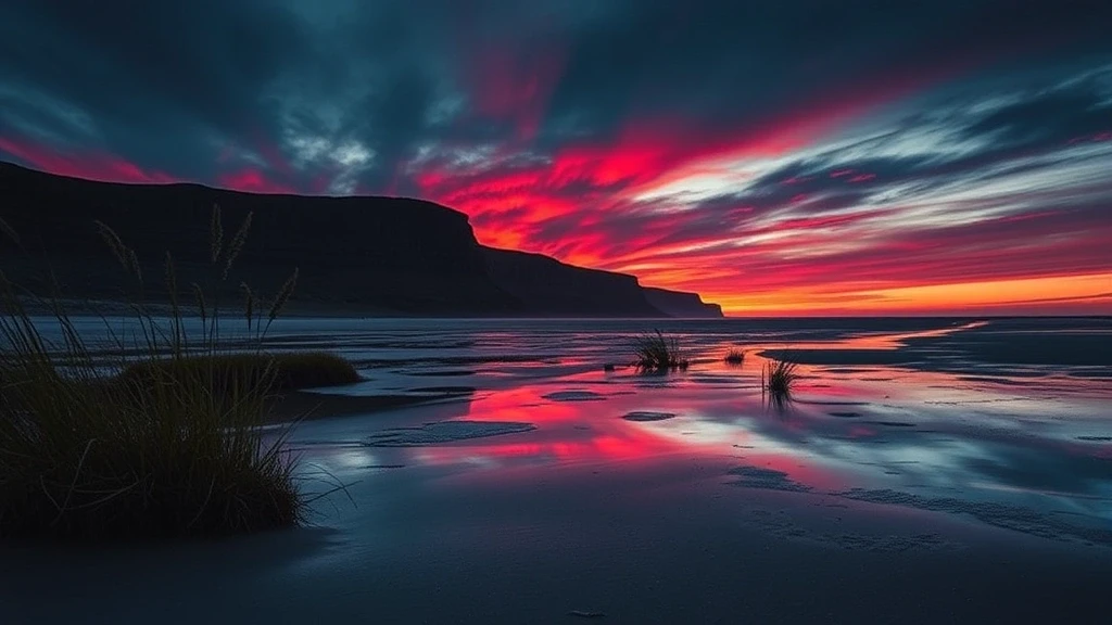 Sonnenuntergang über den roten Klippen von Kampen auf Sylt mit Gezeitenpools