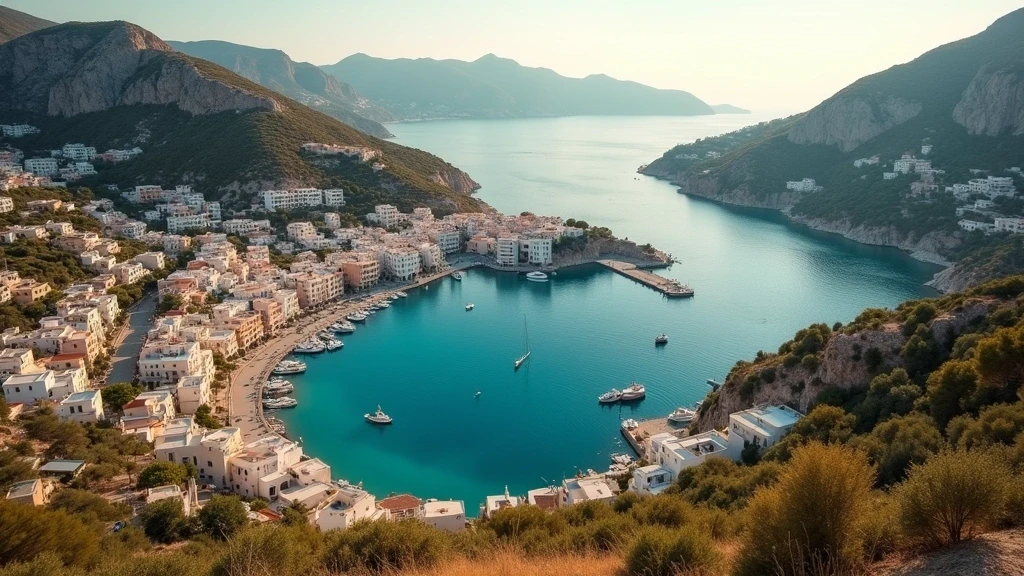 Luftaufnahme des hufeisenfoermigen Hafens von Symi-Stadt mit pastellfarbenen Haeusern zur goldenen Stunde in Griechenland