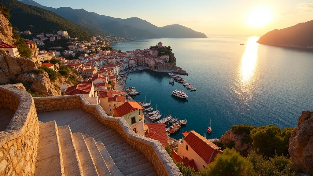 Panoramablick von der Kali-Strata-Treppe auf Symi-Stadt mit bunten Haeusern und Hafen in Griechenland