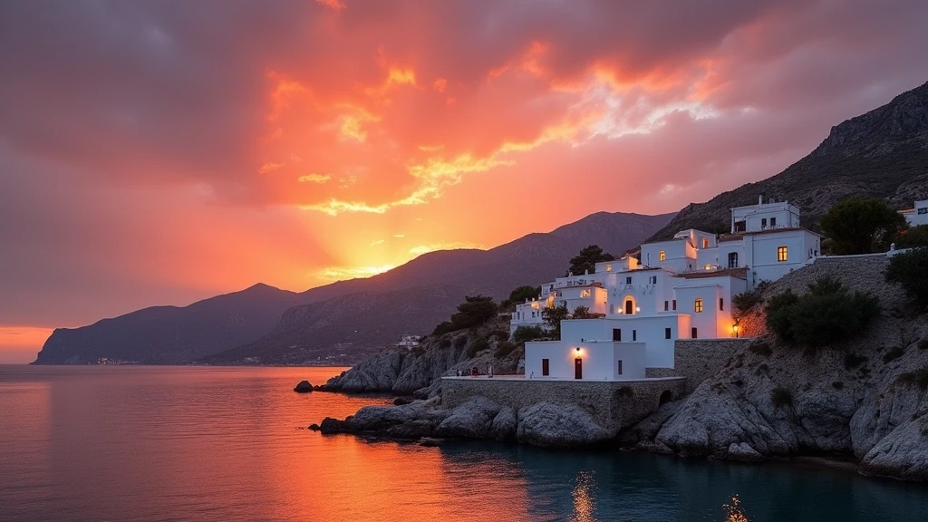 Sonnenuntergang am Kloster Panormitis auf Symi mit weissem Gebaeude und orangem Himmel in Griechenland