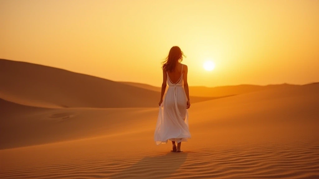 Elegante Frau in weissem Leinenkleid laeuft barfuss auf den Sandduenen von Tagounite bei Sonnenuntergang