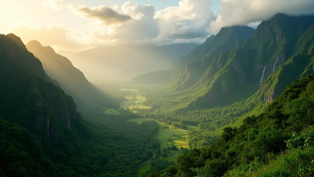 Panoramablick auf das grüne Papenoo-Tal in Tahiti mit Wasserfällen und vulkanischen Hängen