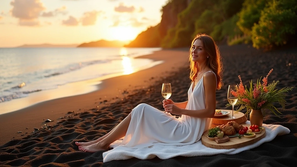 Elegante Frau in weissem Kleid geniesst Privat-Dinner am schwarzen Sandstrand Tahitis bei Sonnenuntergang