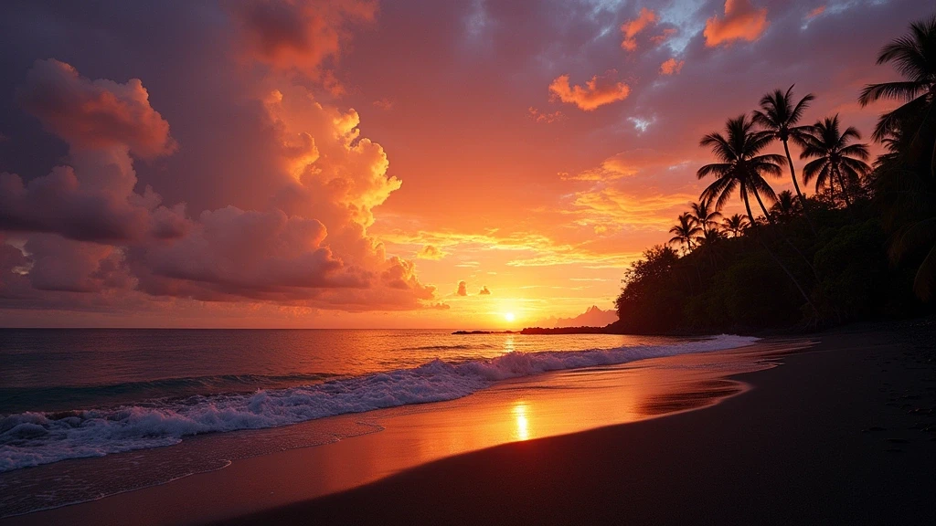 Sonnenuntergang über den schwarzen Sandstränden Tahitis mit dramatischem Himmel und Palmen-Silhouetten