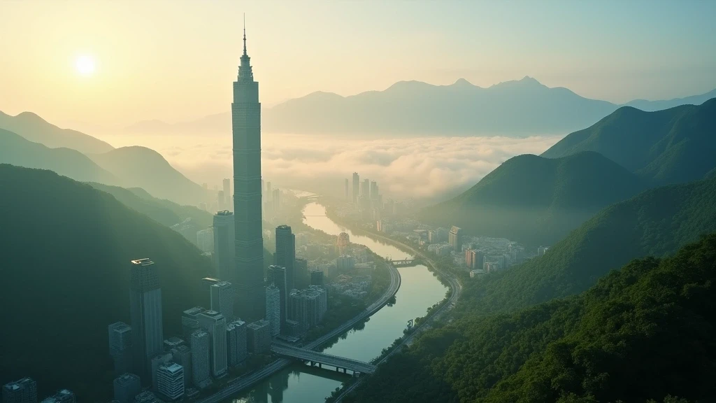 Luftaufnahme von Taipei 101 und den Bergen von Yangmingshan zur goldenen Stunde in Taiwan