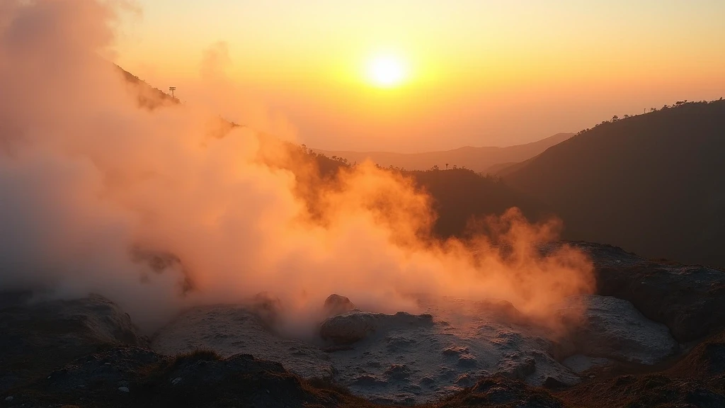 Goldene Stunde in Yangmingshan Nationalpark mit vulkanischen Fumarolen in Taiwan