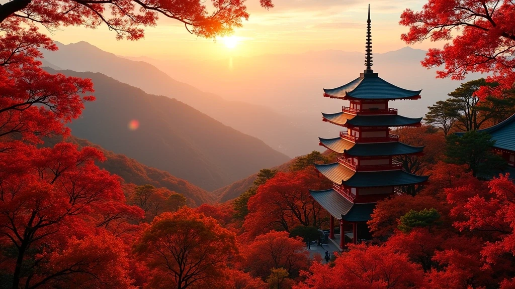 Herbstlaub am Berg Takao mit Yakuo-in Tempel bei Sonnenuntergang in Japan