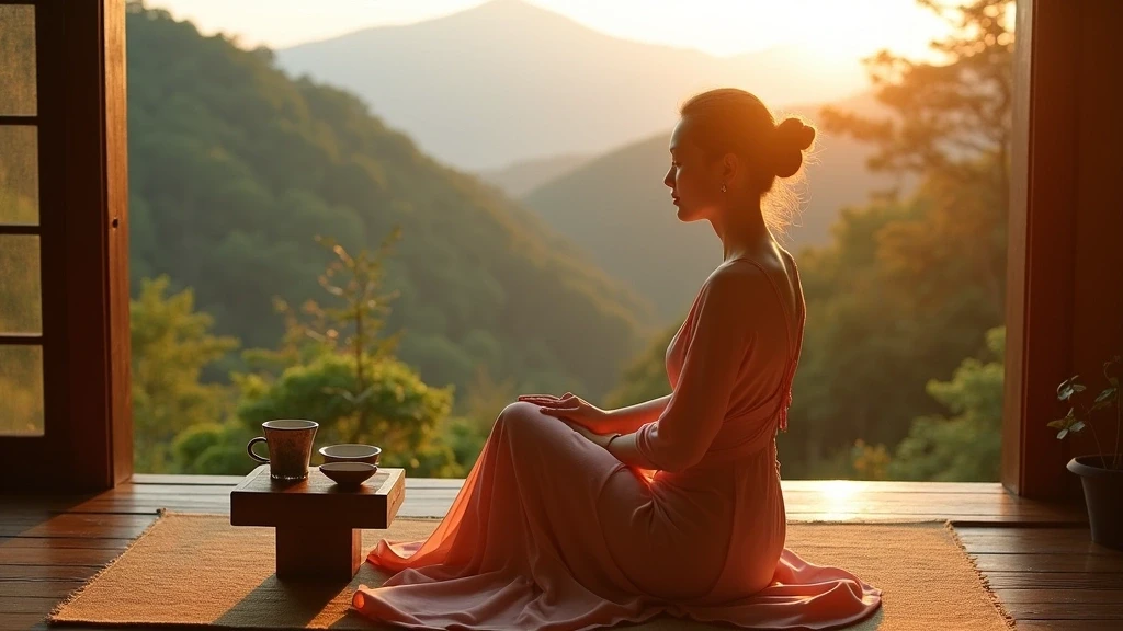 Elegante Frau bei Matcha-Zeremonie mit Blick auf Berg Takao in Japan