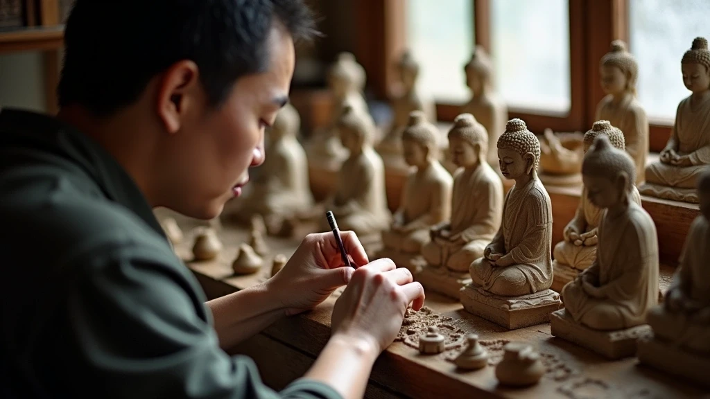 Handwerker schnitzt Buddha-Statuen im Yakuo-in Tempel in Takao Japan