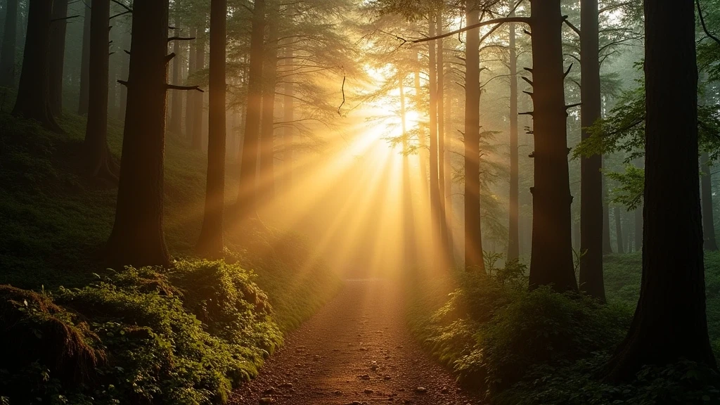 Goldene Stunde im Zedernwald auf dem Berg Takao Wanderweg in Japan