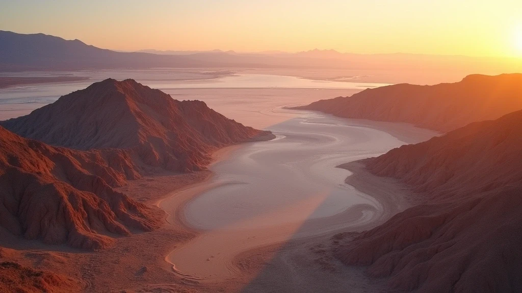 Dramatische Luftaufnahme der Atacama-Wueste in Talabre, Chile mit Salzseen und Vulkanen zur goldenen Stunde