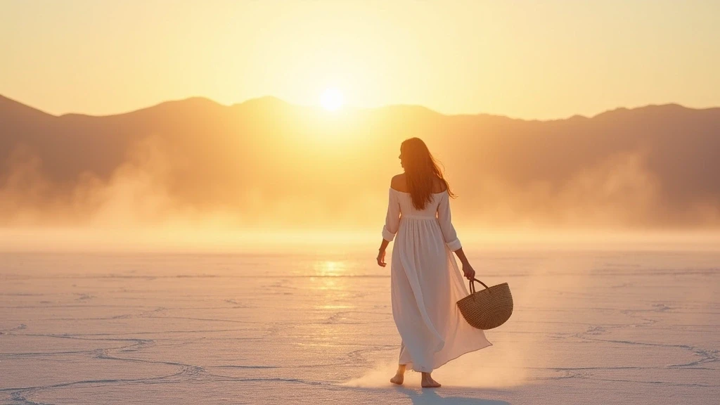 Elegante Frau in fliessendem Kleid auf Salzseen von Talabre, Chile bei Sonnenuntergang