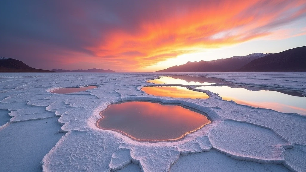 Panoramablick auf die surrealen Salzseen von Talabre, Chile bei Sonnenuntergang