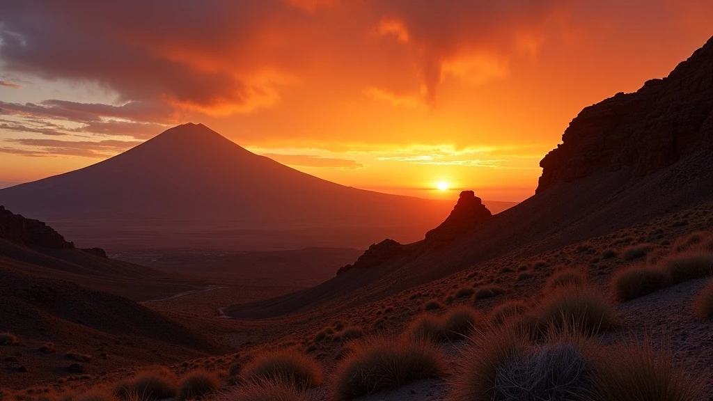 Vulkanische Berggipfel in Talabre, Chile bei goldener Stunde vor dramatischem Sonnenuntergang