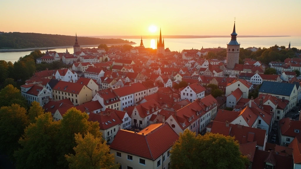 Luftaufnahme der mittelalterlichen Altstadt von Tallinn zur goldenen Stunde mit historischen Dächern und Stadtmauern