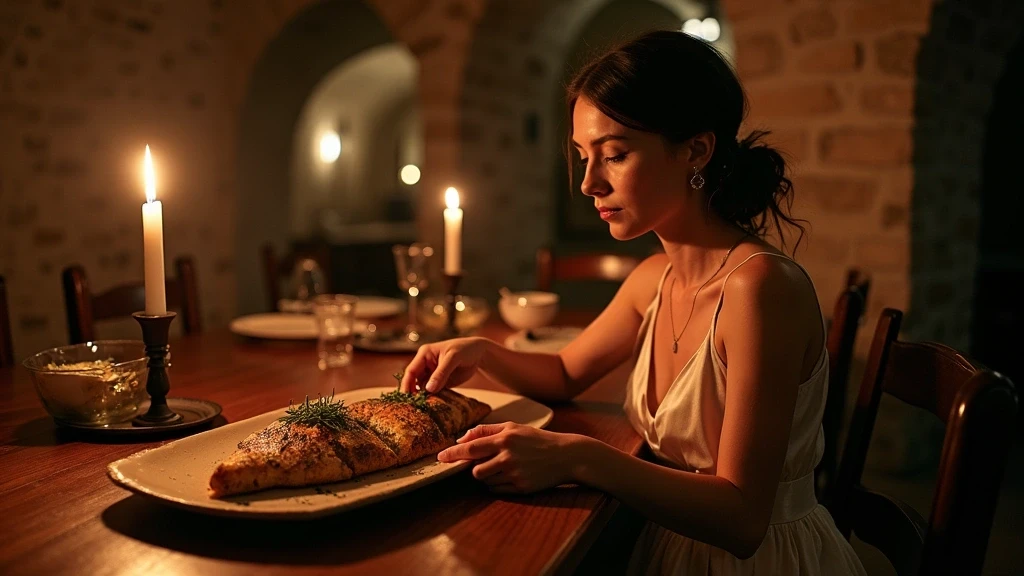 Elegante Frau genießt estnisches Essen in einem mittelalterlichen Kellerrestaurant in Tallinn